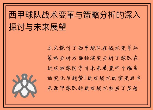 西甲球队战术变革与策略分析的深入探讨与未来展望